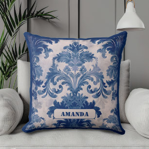 Vintage Blå Fransk Damask Toile Monogram Kudde