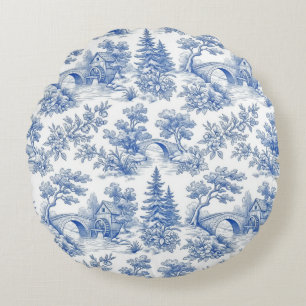 Vintage Blå Fransk Toile Skogslandskap Rund Kudde