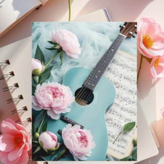 Vintage blå gitarr & vit blomma konst vykort | 