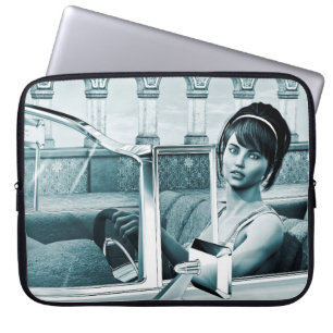 Vintage Blå Glamourös Kvinna Porträtt Konst Laptop Sleeve