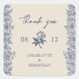 Vintage blå gräns blommigt bröllop fyrkantigt klistermärke