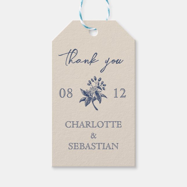 Vintage blå gräns blommigt bröllop presentetikett (Framsidan)