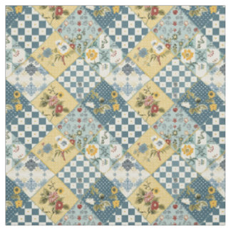 Vintage Blå Gul Grön Lappteknik Quilt Tyg
