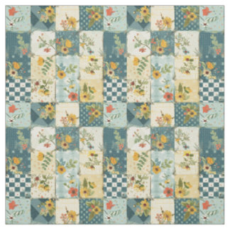 Vintage Blå Gul Grön Lappteknik Quilt Tyg