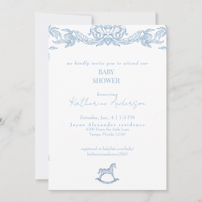 Vintage Blå Gunghäst Baby Shower Inbjudningar (Framsida)