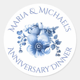 Vintage Blå Holländsk Chinoiserie Blommotiv Akvare Runt Klistermärke