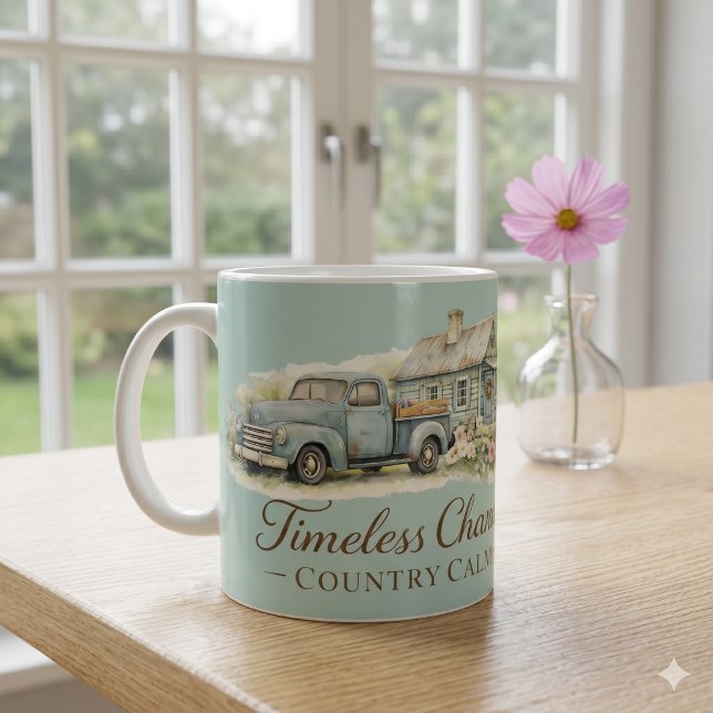 Vintage Blå Husbil Stuga Vildblomma Lugn Kaffemugg (Vintage Blue Truck Cottage Wildflower Calm Coffee Mug)
