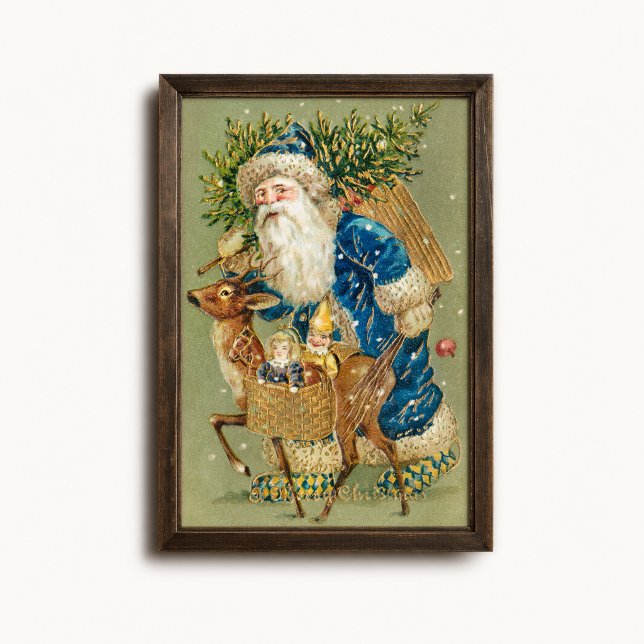 Vintage blå jul Santa ren släde affisch (Vintage Blue Santa Wall Art Poster - close-up view (frame/decor not included))