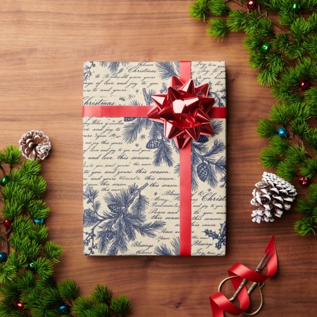 Vintage blå julgran Script presentpapper (Julgåva)