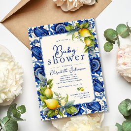 Vintage Blå Kakel Gula Citroner Baby Shower Inbjudningar