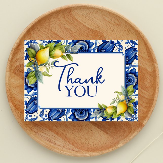 Vintage Blå Kakel Gula Citroner  Tack Kort (Vintage Blue Tile Yellow Lemons Thank You Card)