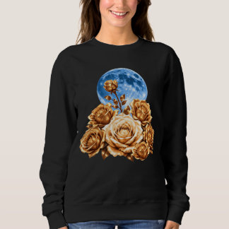 Vintage Blå Måne & Gyllene Rosor Tröja, Elegant T Shirt