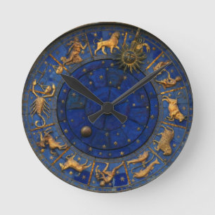 Vintage blå och guld zodiakastrologi celestit p rund klocka