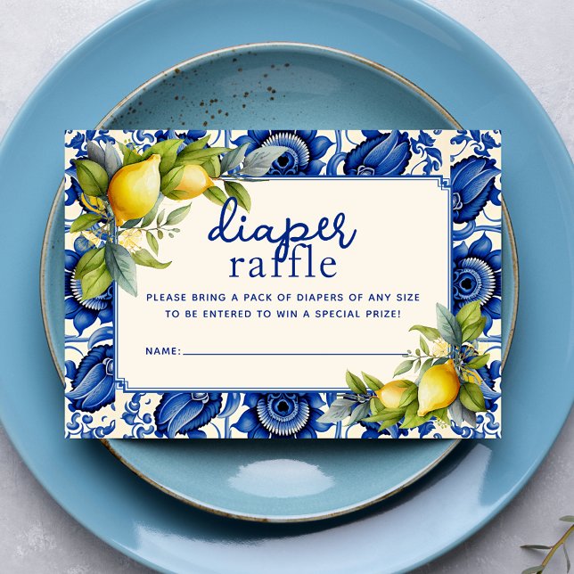 Vintage Blå platta Gult Lemons - hårbotten Tilläggskort (Vintage Blue Tile Yellow Lemons Diaper Raffle Enclosure Card)