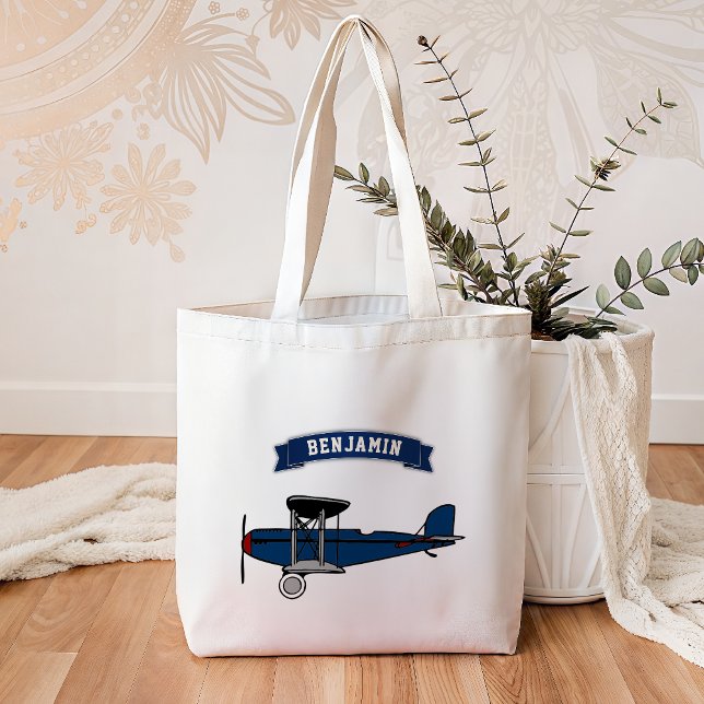 Vintage Blå Retro Flygplan Barn Tygkasse (Skapare uppladdad)