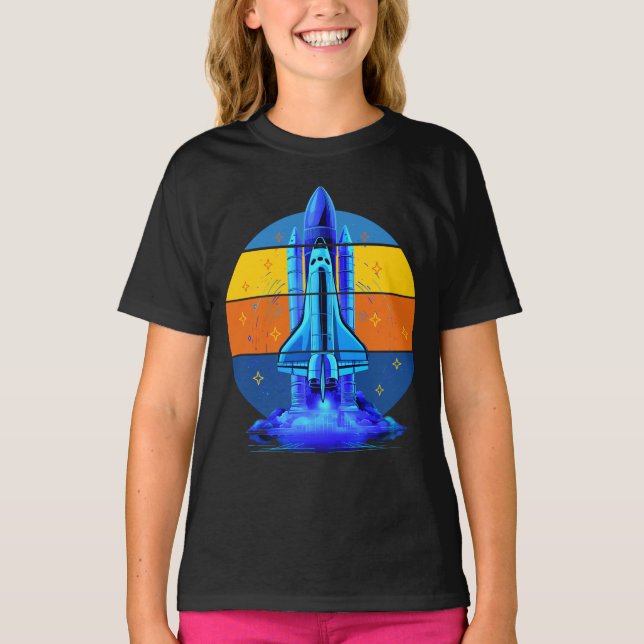 Vintage Blå Rymdfärja Rymdskepp T Shirt (Framsida)