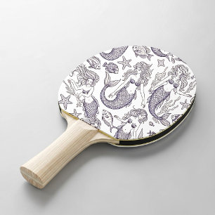 Vintage Blå Sjöjungfru & Havsliv Mönster Pingisracket