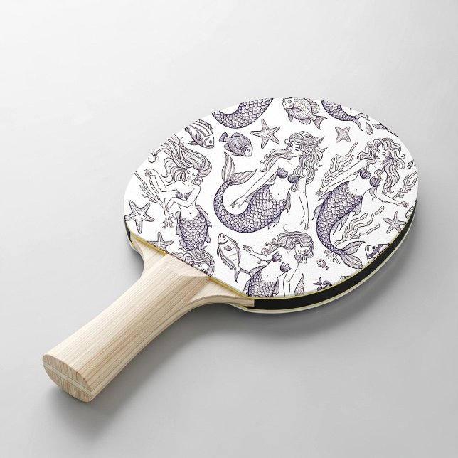 Vintage Blå Sjöjungfru & Havsliv Mönster Pingisracket (Skapare uppladdad)