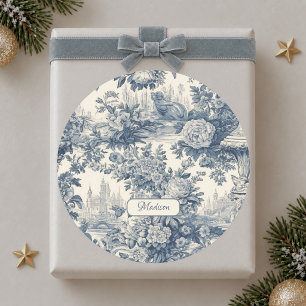 Vintage Blå Toile Blommig Chic Monogram Runt Klistermärke