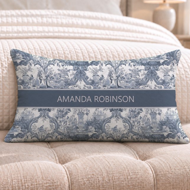 Vintage Blå Toile Blommig Damask Monogram Lumbarkudde (Skapare uppladdad)