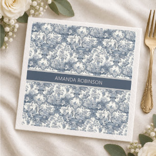 Vintage Blå Toile Blommig Damask Monogram Pappersservett