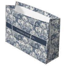 Vintage Blå Toile Blommig Damask Monogrampresent