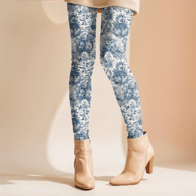 Vintage Blå Toile Blommig Monogram Leggings (Skapare uppladdad)