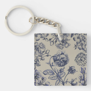 Vintage Blå Toile Botanisk Blommig Antik Mönster