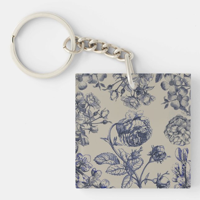 Vintage Blå Toile Botanisk Blommig Antik Mönster (Framsidan)