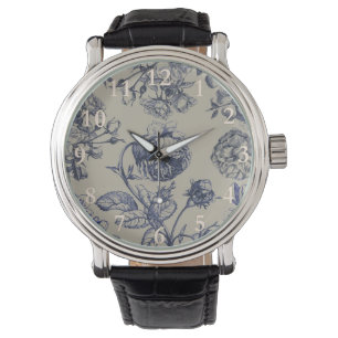 Vintage Blå Toile Botanisk Blommig Antik Mönster Armbandsur