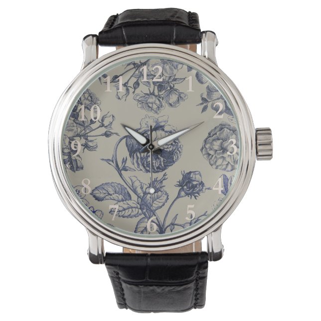 Vintage Blå Toile Botanisk Blommig Antik Mönster Armbandsur (Framsida)