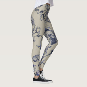 Vintage Blå Toile Botanisk Blommig Antik Mönster Leggings