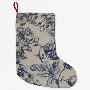 Vintage Blå Toile Botanisk Blommig Antik Mönster Liten Julstrumpa
