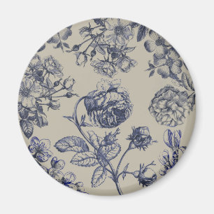 Vintage Blå Toile Botanisk Blommig Antik Mönster Magnet