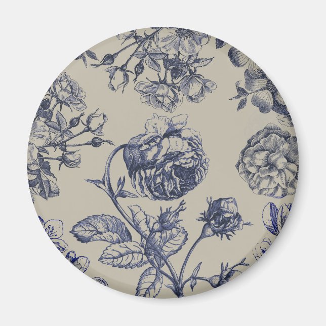 Vintage Blå Toile Botanisk Blommig Antik Mönster Magnet (Framsidan)