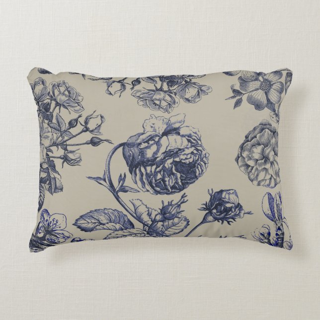 Vintage Blå Toile Botanisk Blommig Antik Mönster Prydnadskudde (Framsidan)