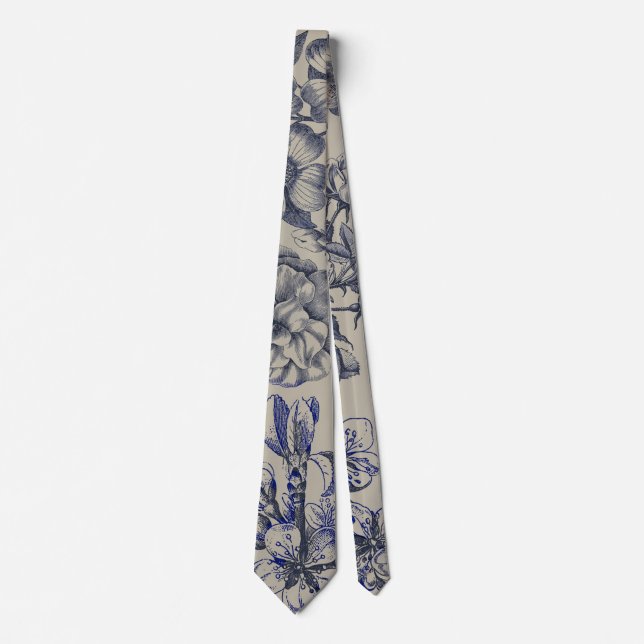 Vintage Blå Toile Botanisk Blommig Antik Mönster Slips (Framsida)