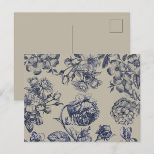 Vintage Blå Toile Botanisk Blommig Antik Mönster Vykort
