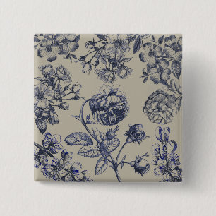 Vintage Blå Toile Botanisk Blommönster Antik Mönst Knapp
