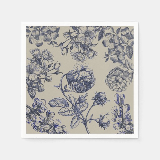 Vintage Blå Toile Botanisk Blommönster Antik Mönst Pappersservett (Framsidan)