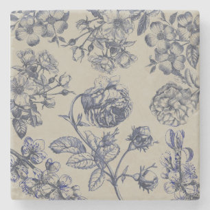 Vintage Blå Toile Botanisk Blommönster Antik Mönst Stenunderlägg