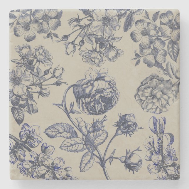 Vintage Blå Toile Botanisk Blommönster Antik Mönst Stenunderlägg (Framsidan)