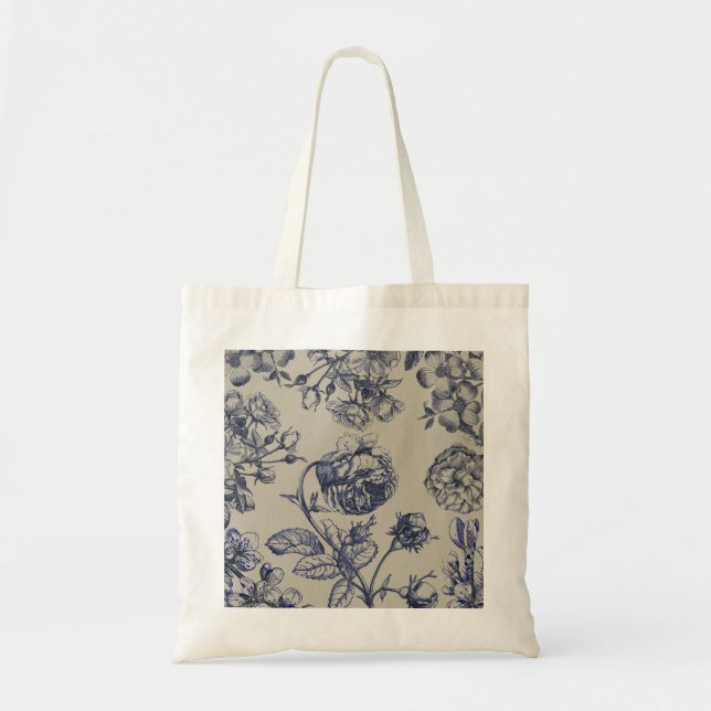 Vintage Blå Toile Botanisk Blommönster Antik Mönst Tygkasse (Framsidan)