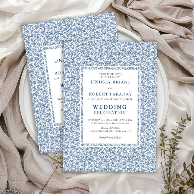 Vintage Blå Toile de Jouy Elegant Bröllopsinbjudan Inbjudningar (Vintage Blue Toile de Jouy Elegant Wedding Invite)