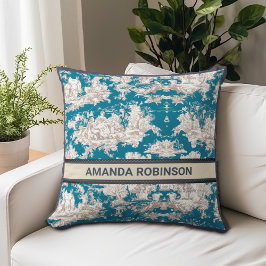 Vintage Blå Toile de Jouy Monogrammönster Kudde