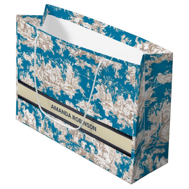 Vintage Blå Toile de Jouy Monogrampresent (Framsidan Vinklad)