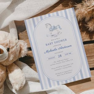 Vintage Blå Toile Gunghäst Pojk Babyshower Inbjudningar