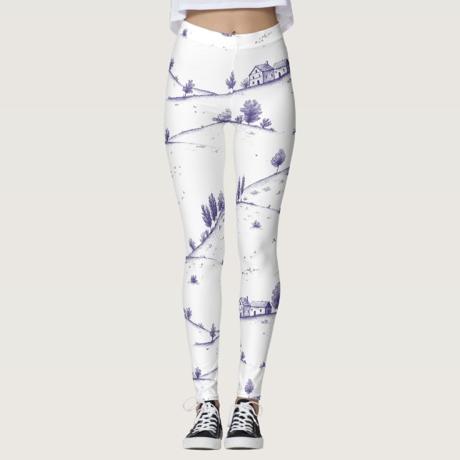 Vintage Blå Toile Landskap Leggings (Framsida)