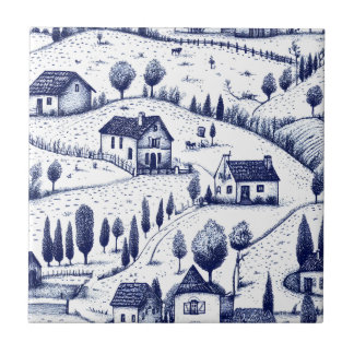 Vintage Blå Toile - Träd Pastoral Arkitektur Kakelplatta