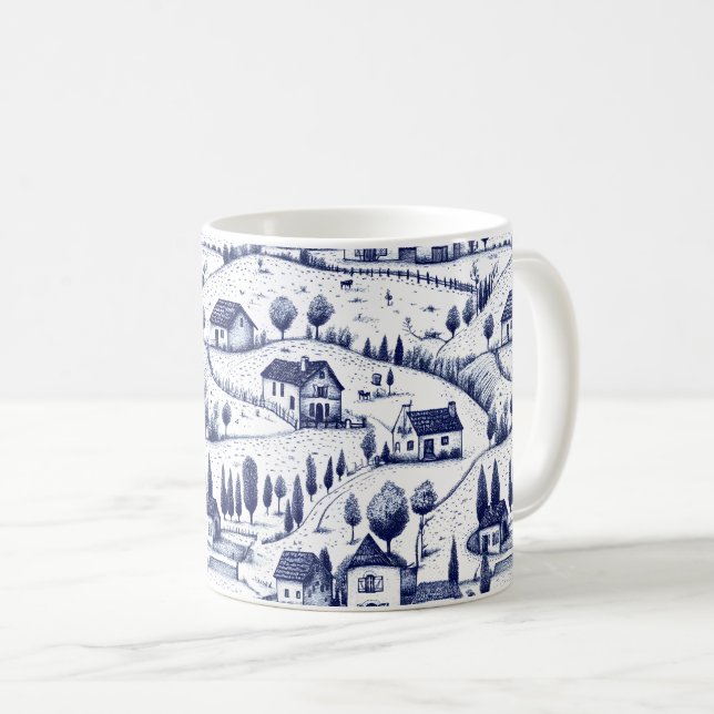 Vintage Blå Toile - Träd Pastoralt Arkitektur Kaffemugg (Framsida höger)
